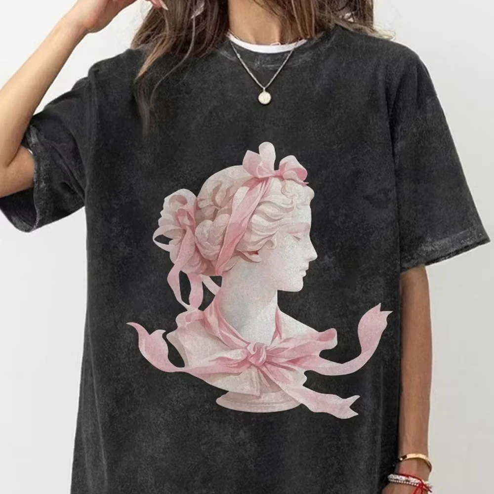 

Statue with Pink Y2K Graphic T-shirt Bows Print Artistic Classical and Feminine Soft Fabric for Sculpture-Inspired Casual Looks