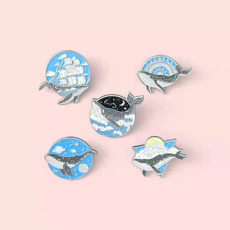 Flying Whales Enamel Pins Orca Wave Brooches Jumping Humpback Whale Lapel Pins Sailing Starry Sky Iceberg Ocean Theme Wholesale