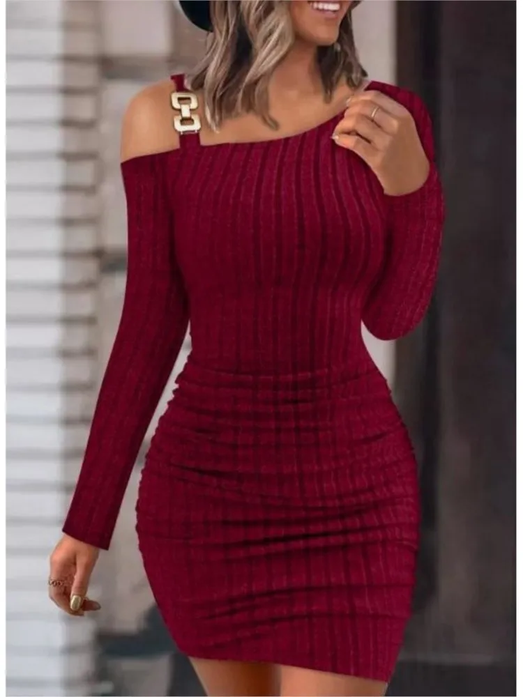 Fashion Women Chain Decor Cold Shoulder Ribbed Bodycon Dress New Autumn Winter Solid Casual Long Sleeve Skinny Mini Dresses