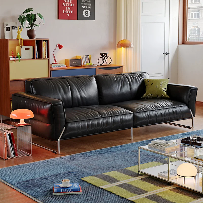 Sofa leather living room straight row stainless steel black first layer cowhide sofa
