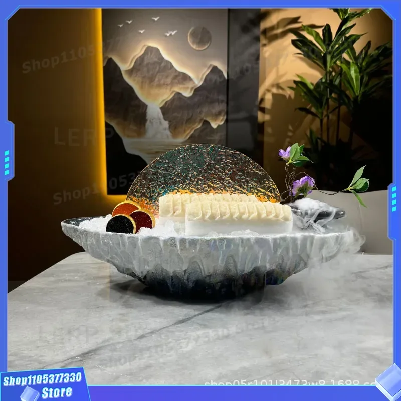 Dark Blue Ceramic Sashimi Plate Japanese Style Seafood Dish High End Ice Platter For Raw Fish Salmon Serving Tray Tableware