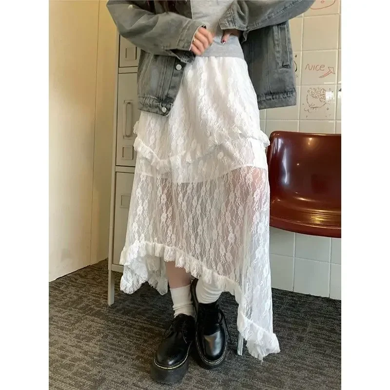 Deeptwon biała koronkowa asymetryczna spódnica damska Fairycore słodka Vintage średnia nieregularna spódnica koreański styl estetyczne spódnice z falbankami