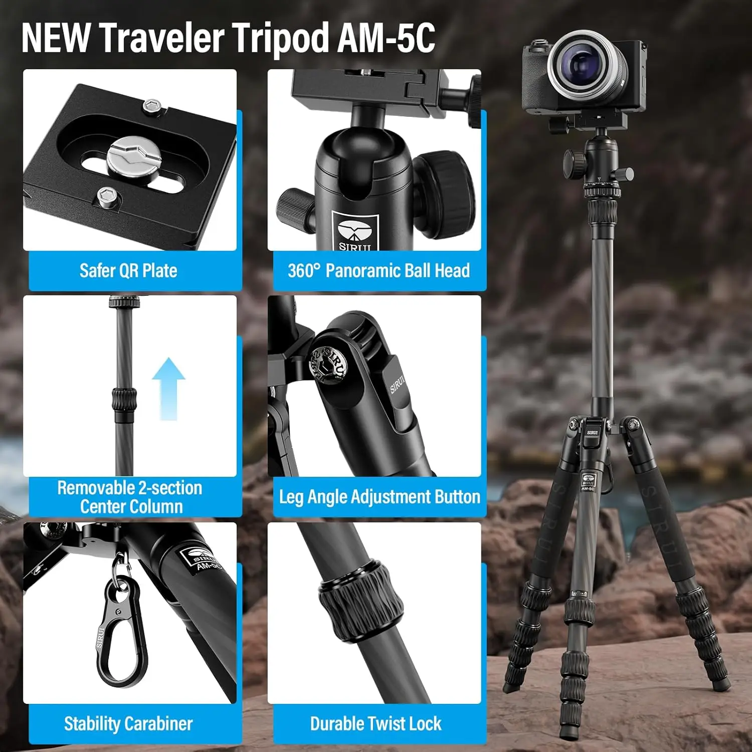 Carbon Fiber Travel Tripod, 55.1