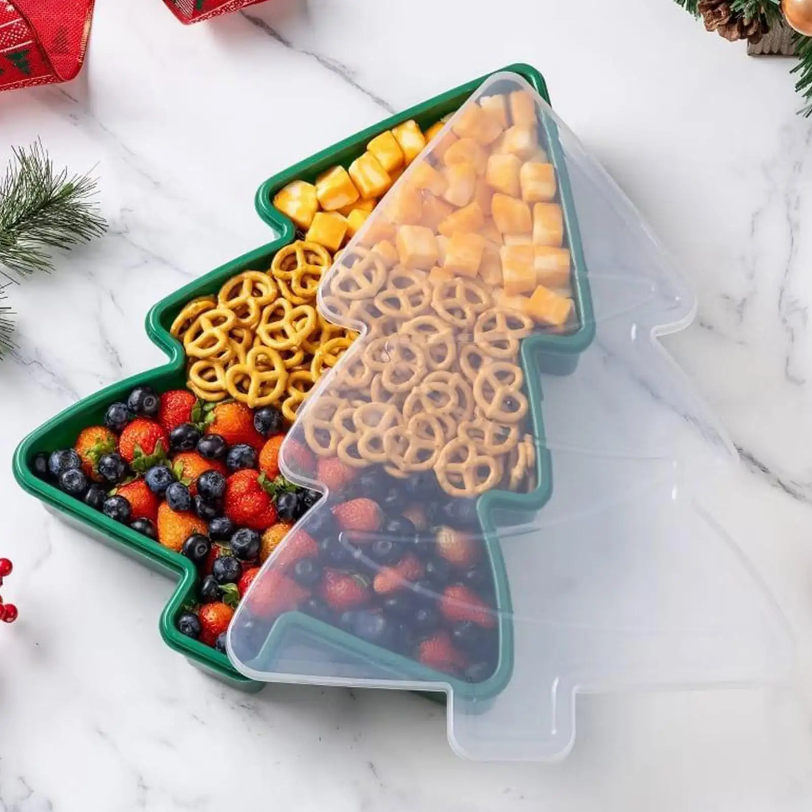 Weihnachts-Serviertablett, kompakter Lebensmittel-Organizer mit Deckel, Snackle-Box, Charcuterie-Behälter für Leckereien, Nüsse, Obst, Popcorn, Dip