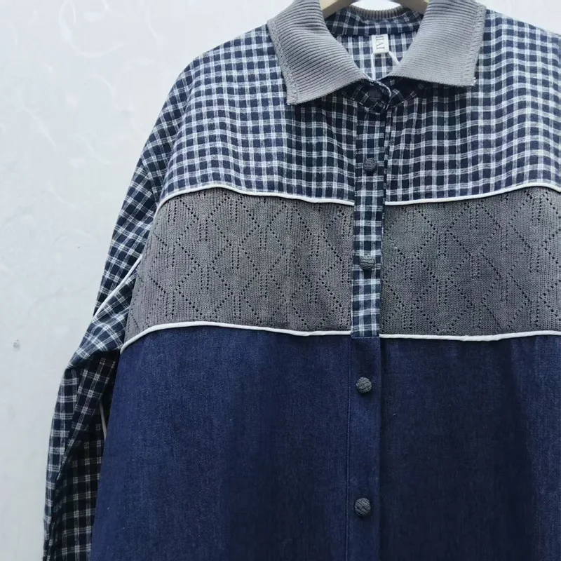 

2025 Autumn New European Style Loose Design Patchwork Plaid Turn-Down Collar Single-Breasted Top