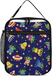 Insulated Kids Lunch Box Cute Cosmic Aliens Reusable Portable Lunch Bag with Side Pocket, Colorful Space UFO Small