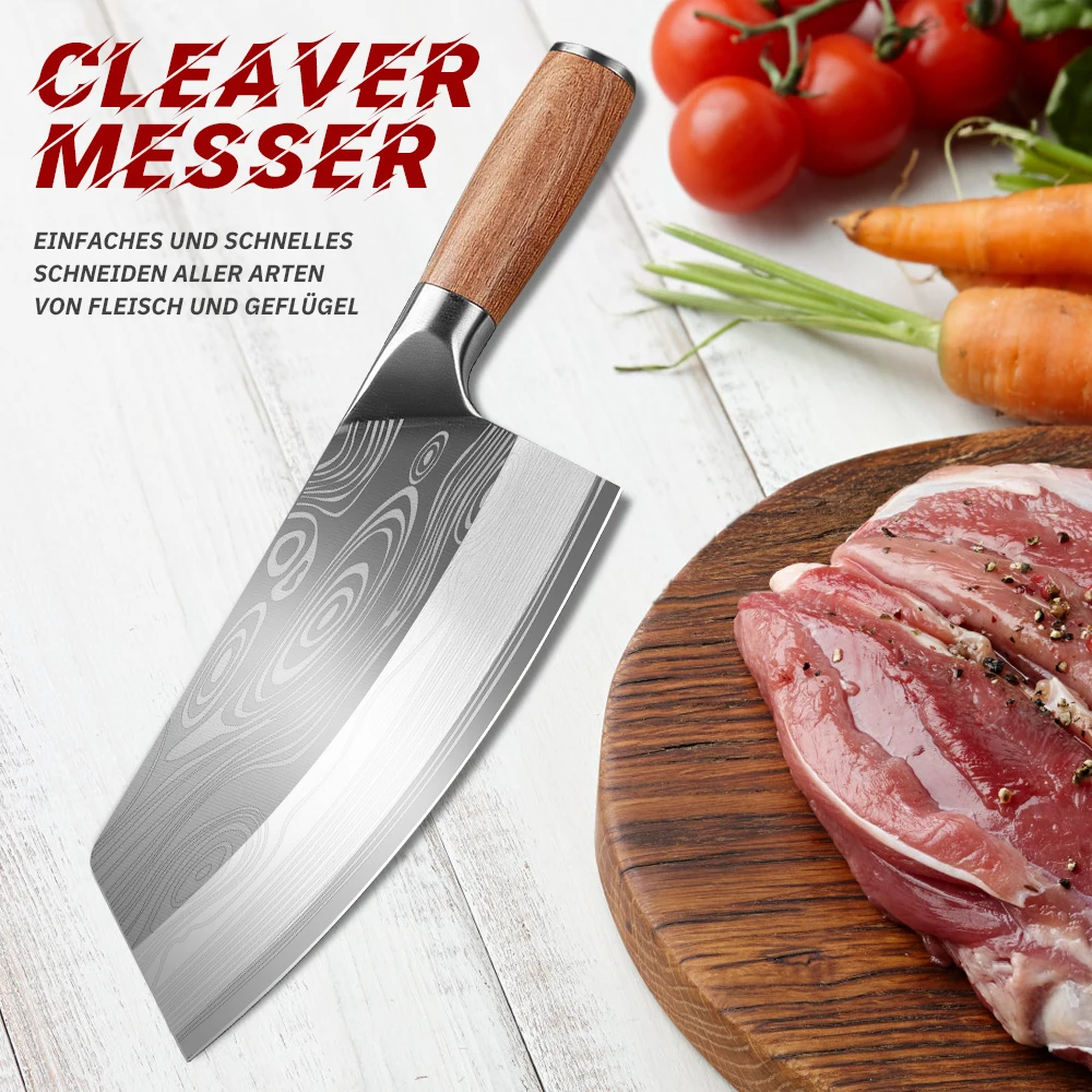 Cr15 Edelstahl Küchenmesser Fleisch beil Damaskus Laser muster Kochmesser Hühner fisch Küche Holzgriff scharfes Messer