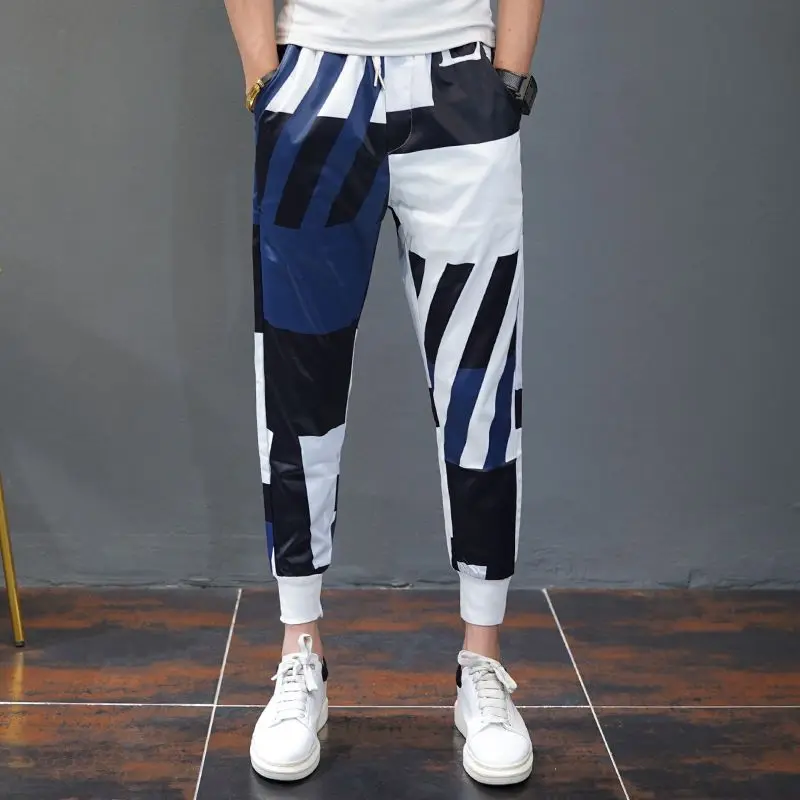 GELITAYIN Men's Casual Pants Thin Striped Summer Harem Cool Male Trousers Cooling Ice Silk Plus Size Aesthetic Harajuku Fashion