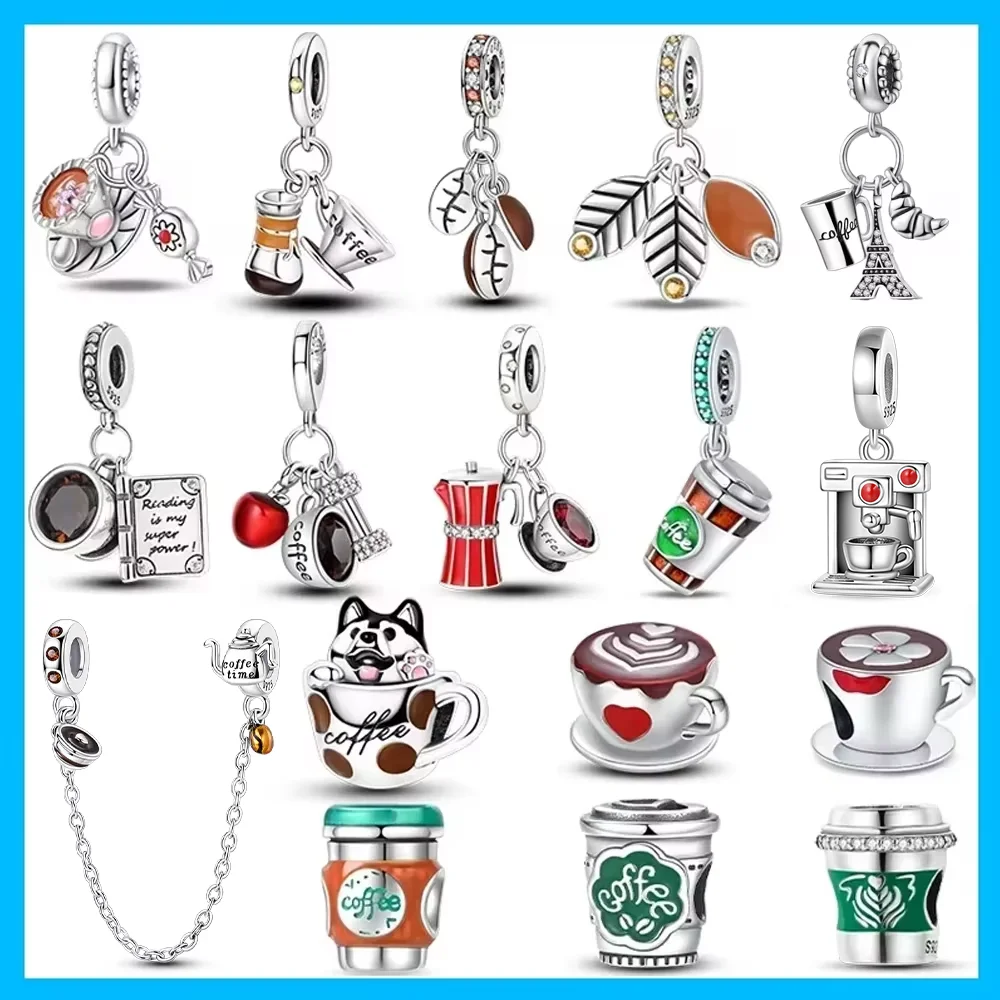 Coffee Pot Book Latte Heart Zircon Original Charms Silver Plated Beads Fit Bracelets Bag Keychain Diy Women Gift Accessory