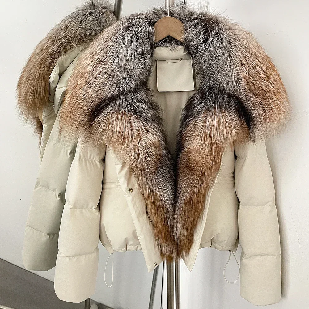 Luxury Winter 2026 New White Duck Down Jacket for Women Real Natural Fox Fur Thick Warm Waterproof Puffer Coat for Office Wear