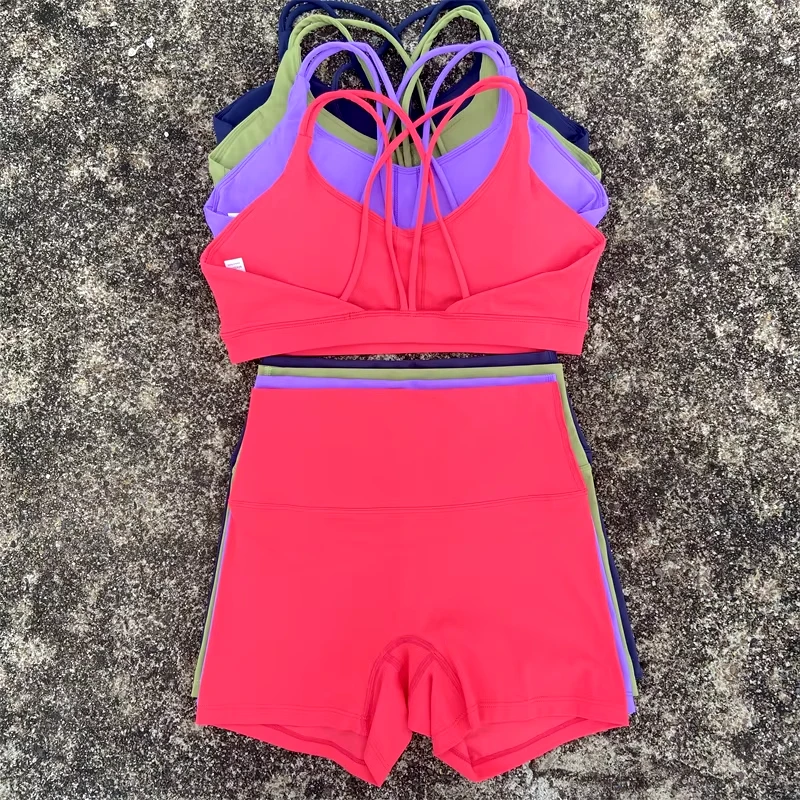 Women Cross fitness Bra Top Sport Short 2 pc Solid Color Women Gym Yoga Set Soft Cross-back straps  Athletic Workout Tracksuit