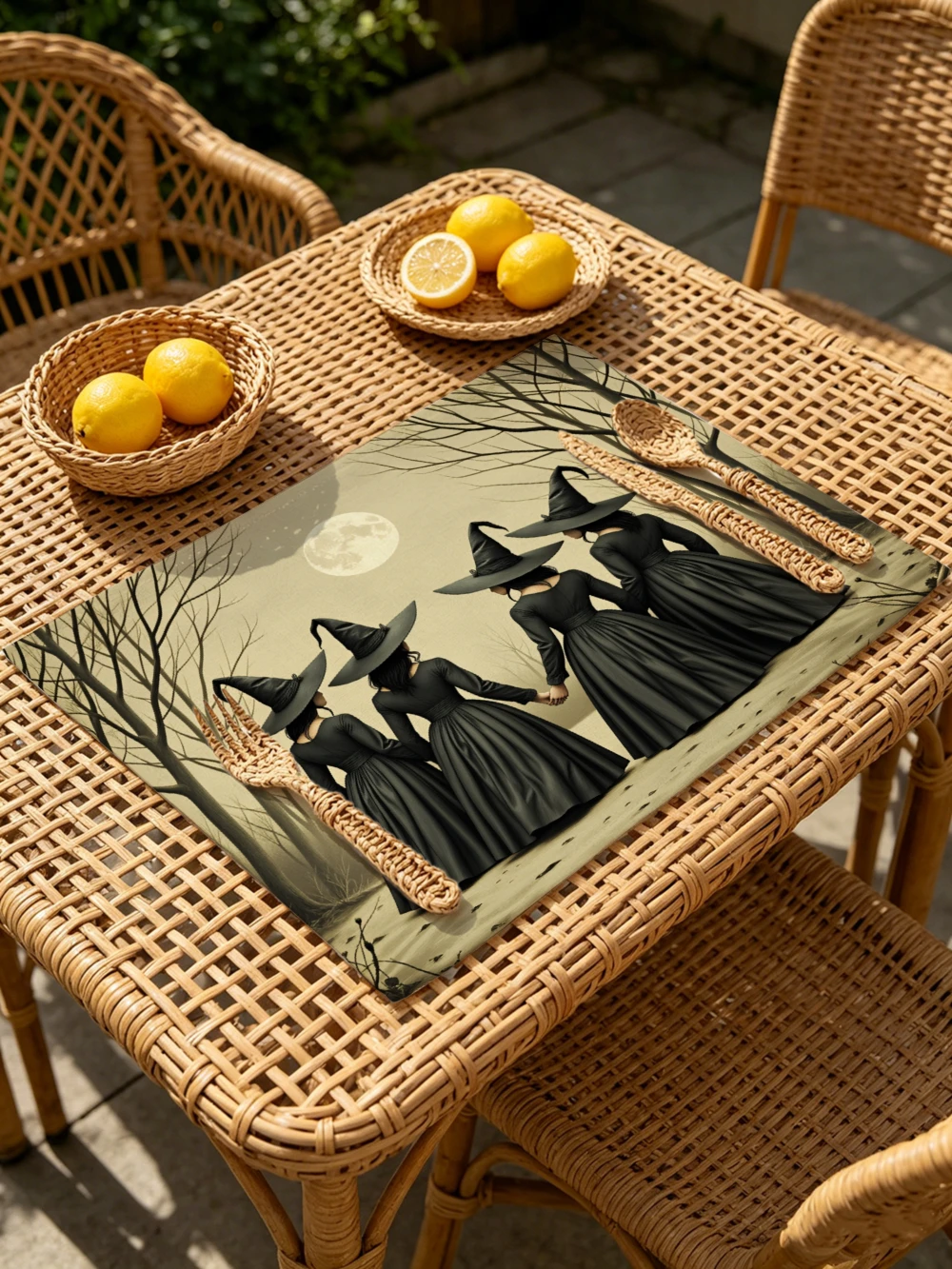 Printed Placemats for Dining Table Kitchen Holiday Parties Witches Walking Under Moonlight