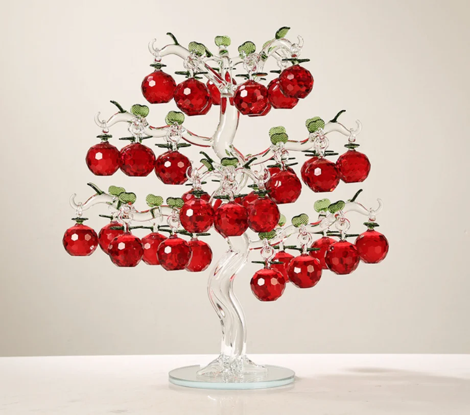 BEATIFUL CRYSTAL RED CHERRY APPLE TREE FIGURINES CRAFTS FENGSHUI ORNAMENT HOME DECORATION CHRISTMAS NEW YEAR GIFTS