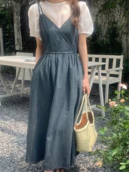 Versatile round Neck Short Sleeve Shirt Women Summer 2023 Chic Base Layer Denim Halter Dress Fashionable Two-Piece Set