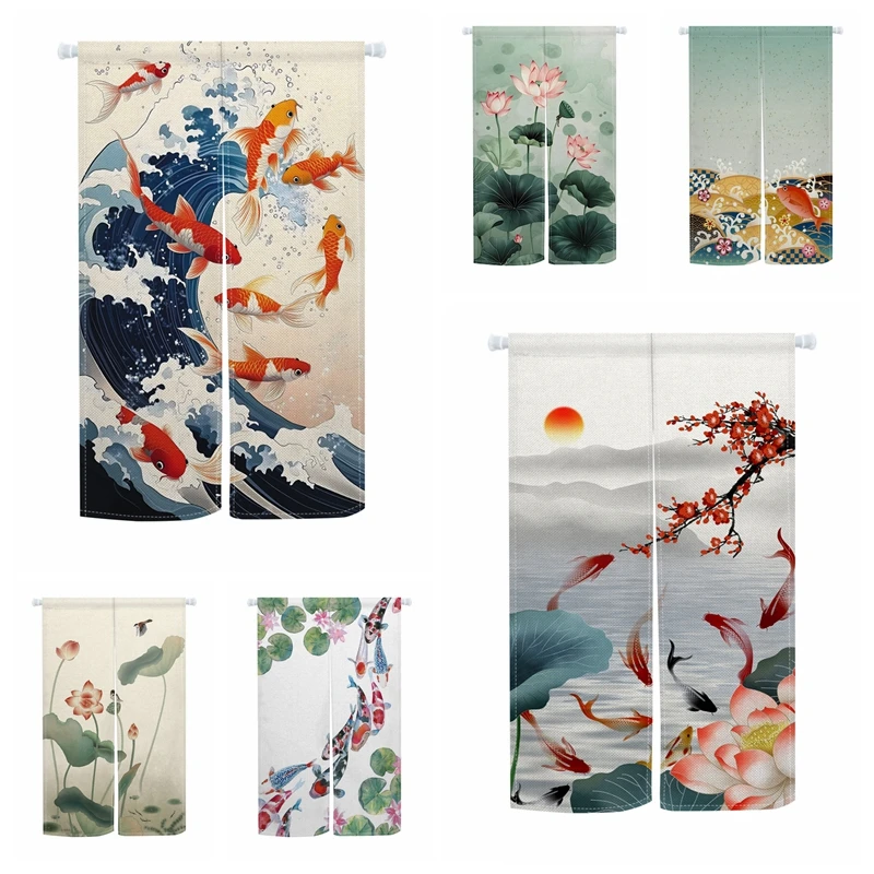 Japanese Style Noren Door Curtains Koi Fish Wave Lotus Linen Doorway Curtains Home Decor Kitchen Entrance Hanging Half Curtains