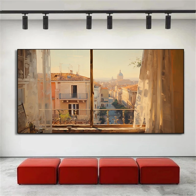Famous City Window View Vintage Tuscany New York Paris Barcelona Landscape Poster Canvas Painting Print Living Room Home Decor