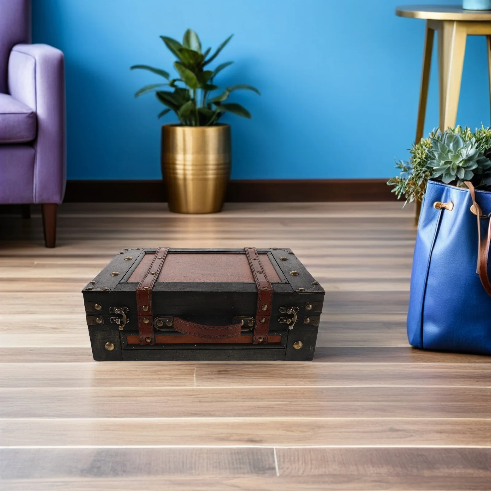 

Wooden Treasure Chest Retro Wood Suitcase Decorative Storage Box Large Vintage Keepsake Trunk Pirate Chest for Party Props Home