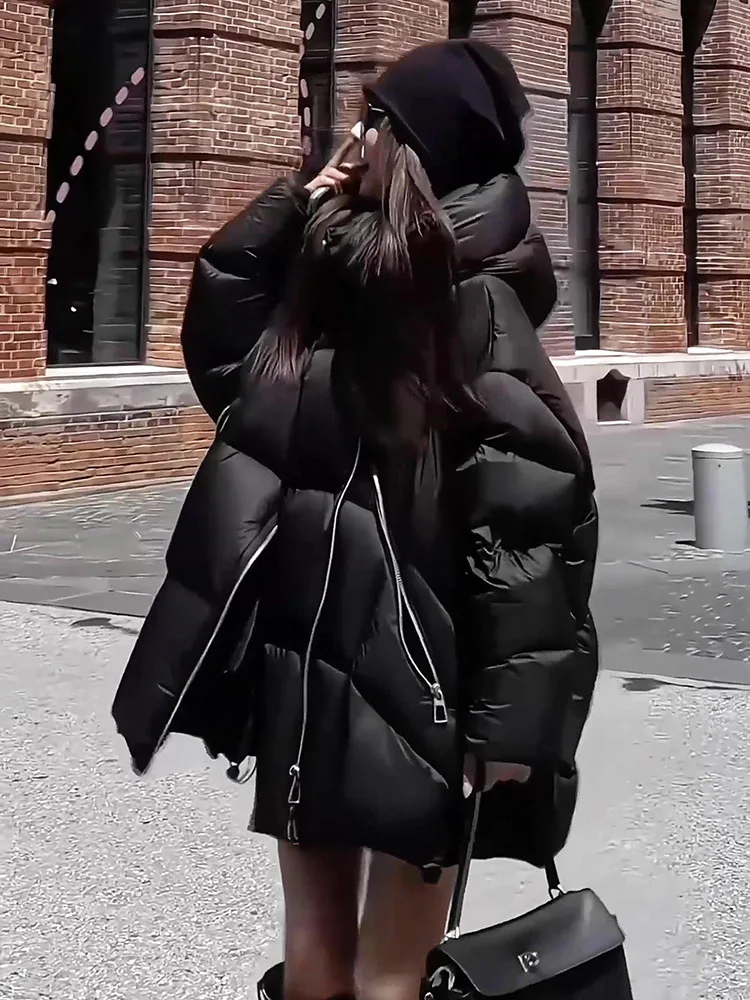 

Faionable Bla Du down Jaet Long Sve Zipper Closure Hooded Loose Fit Ladies Winter Coat Sli Mid-Length Design