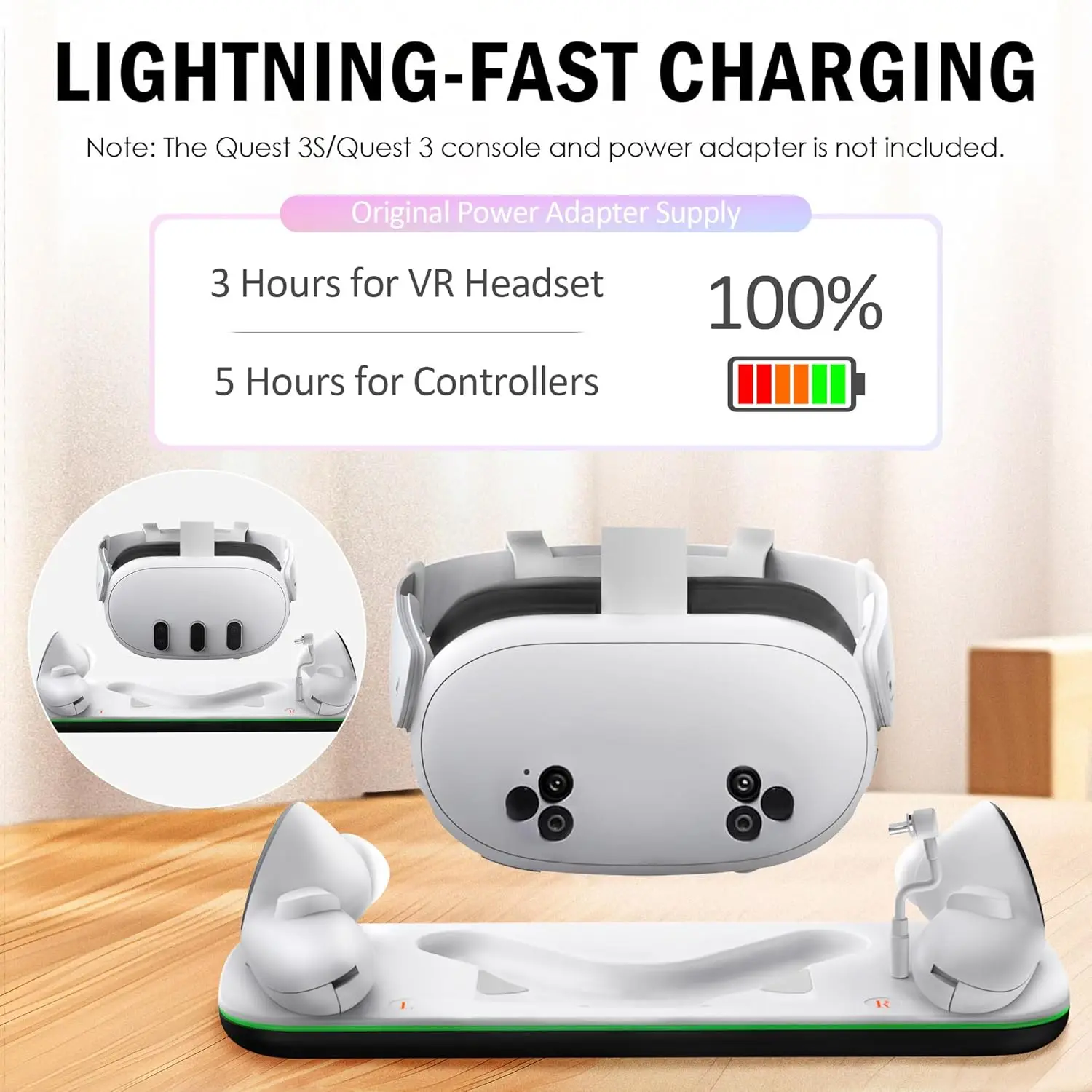 قاعدة شحن لـ Mate Quest 3/3S VR Stand لمحطة شحن Meta Quest3 تدعم سماعة الرأس مع كابل من النوع C وبطارية قابلة لإعادة الشحن