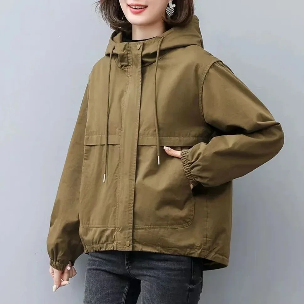 

New Trench Coat Women Single Autumn Korean Streetwear Long-Sleeved Short Hooded wild Windbreaker Female Outwear Coats C45