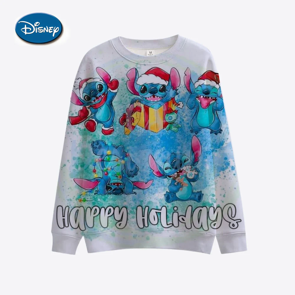 Christmas Disney Stitch Hoodie Long Sleeve Round Neck T-shirt Autumn/Winter Basic Hoodie Women\'s Knitted Checkered Sleeve Sports