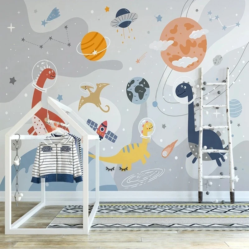 Custom Wall Mural Wallpaper - Modern Style Hand-Painted Cartoon Rocket Dinosaur Wall Art Background for Kids Room Bedroom Decor