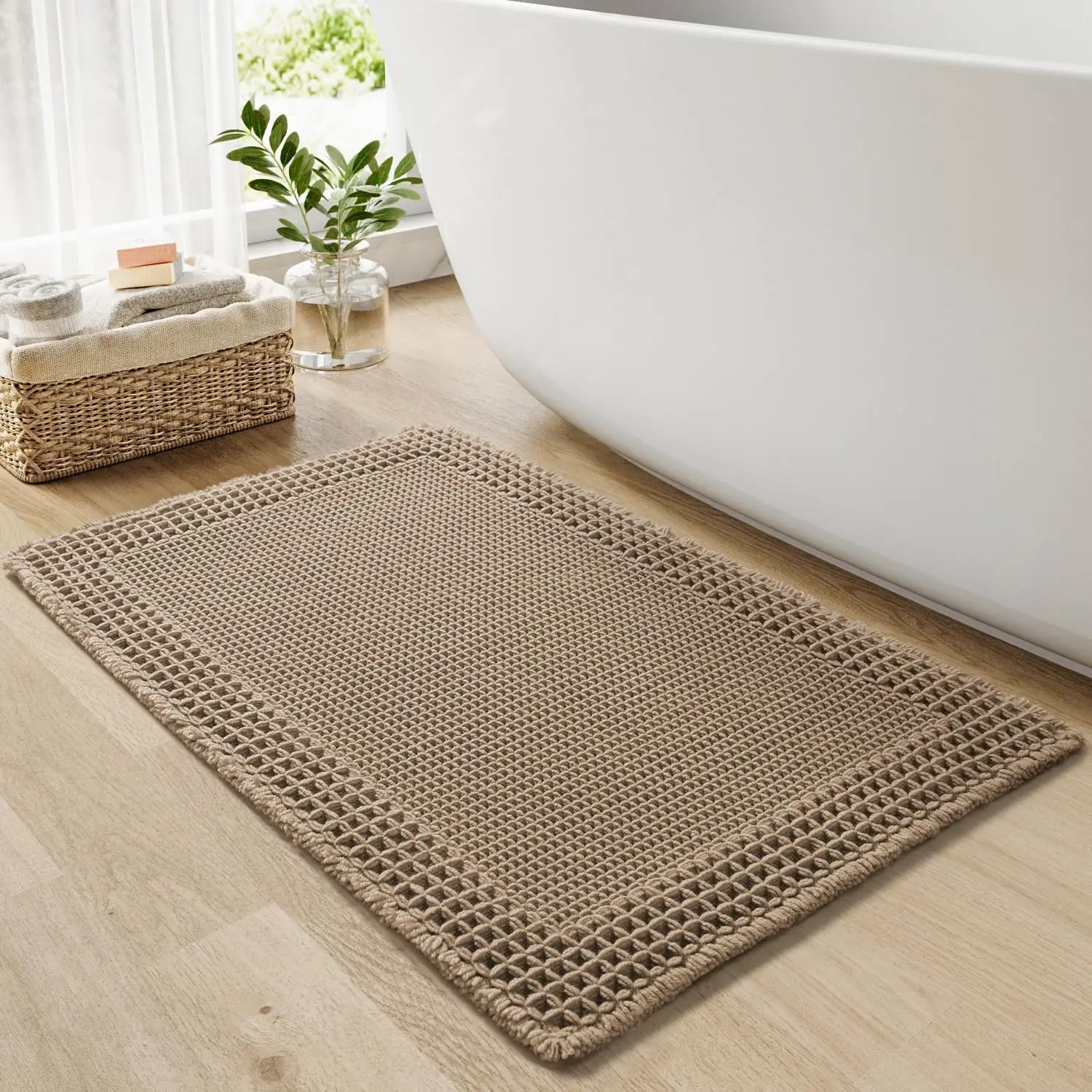 

Super Absorbent Non-Slip Waffle Bath Mat, Ultra Soft Boho Design with Tassels, Machine Washable, 17x24 Brown
