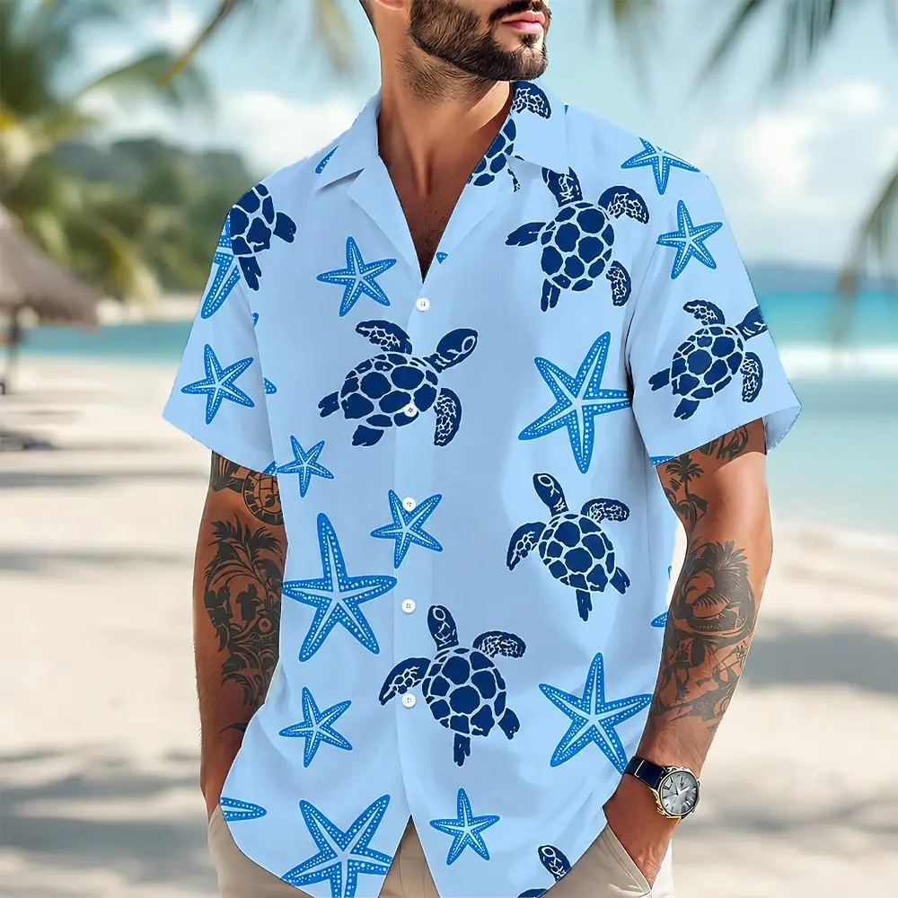 

Men's Short Sleeve Button Shirt, Turtle & Starfish Allover Print, Loose Fit for Spring Summer Beach Daily Vacation Outfits