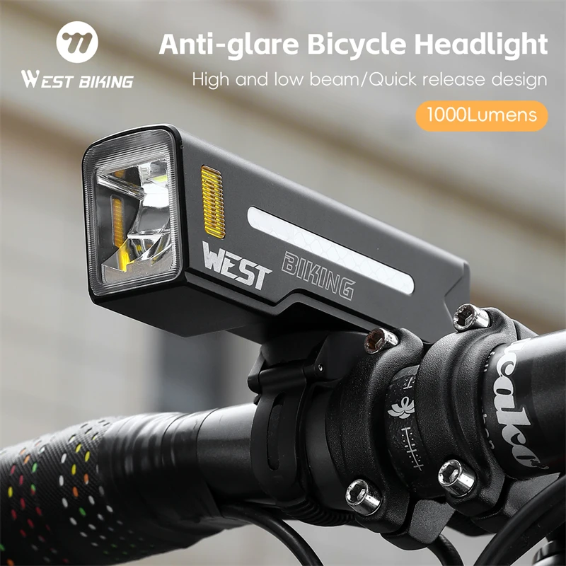 WEST BIKING 1200 LM Bike Light Anti-Glare Headlight Waterproof Type-C Rechargeable Front Lamp Bicycle Aluminum Alloy Flashlight