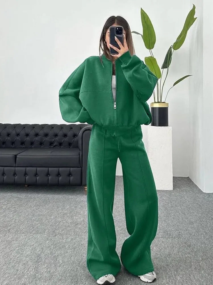 Frauen Sweatsuit Set Vintage Oansatz Zipper Bomber Jacken Hohe Taille Lose Hosen Anzug Weiblichen Frühjahr Neue Mode Dame Sportswear