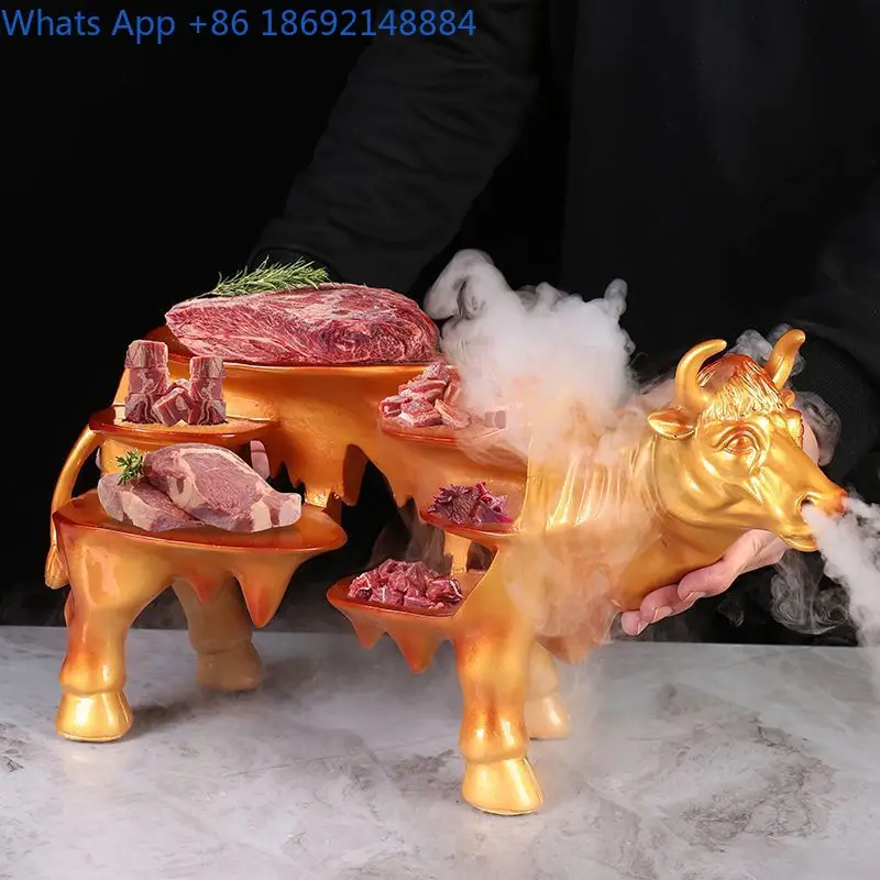 Resin gold Cow Shape Dry Ice Specialty Hot Pot Restaurant Creative Plating Barbecue Artistic Cow Shape Theme Tableware