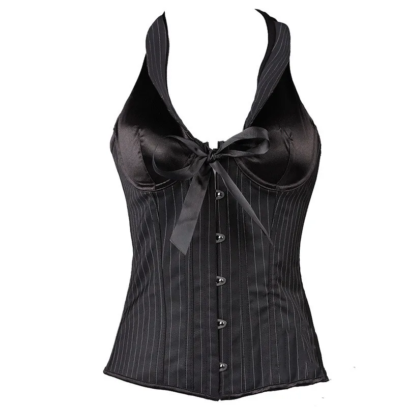 Sexy Halter Overbust Corsets With Cup Women Striped Office Party V-neck Push Up Corsets and Bustiers Lingerie Tops Korsett Black