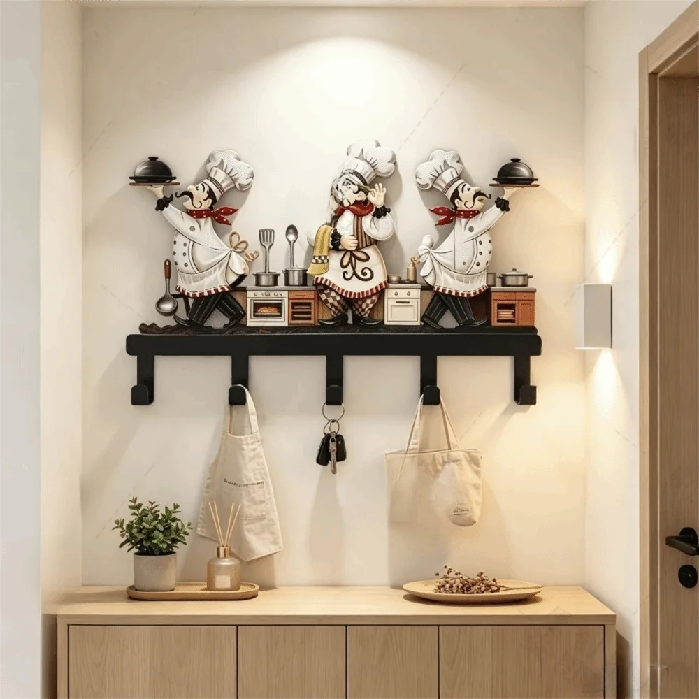 Chef Statue Kitchen Decorative Hooks Christmas Elf Metal Wall Hanging Rack Train Multifunctional Wall Decor Home Decoration