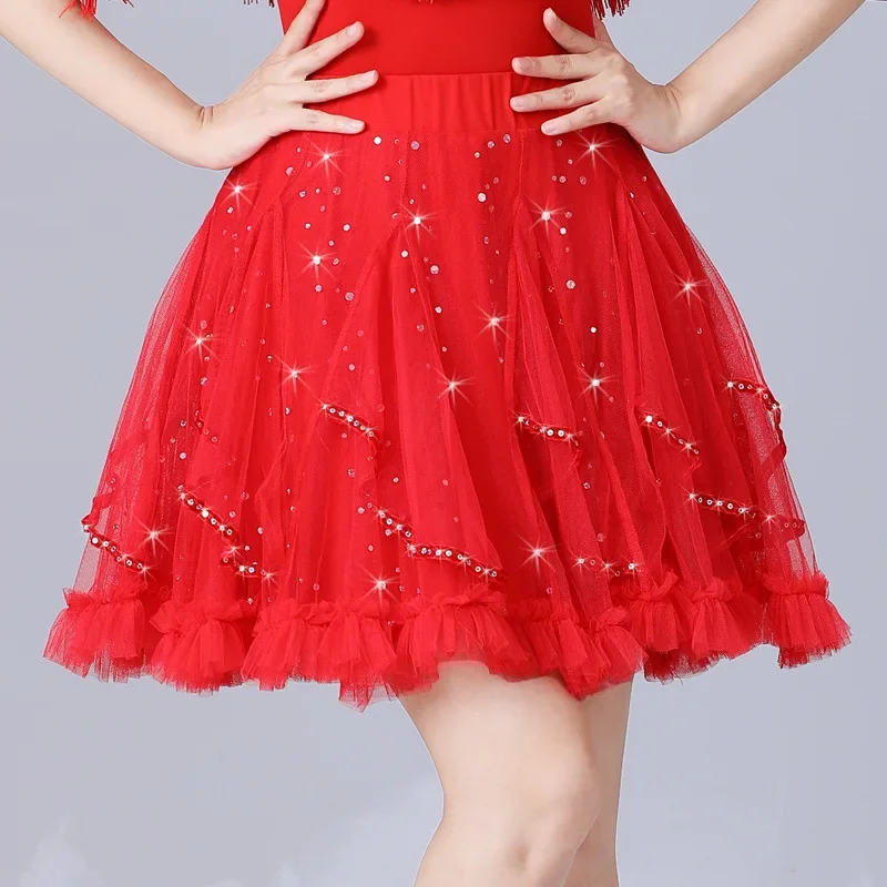 Latin Dance Rok Lente Nieuwe Trainingskleding Korte Rok Dans Halve Rok Professionele Performance Kleding Pailletten