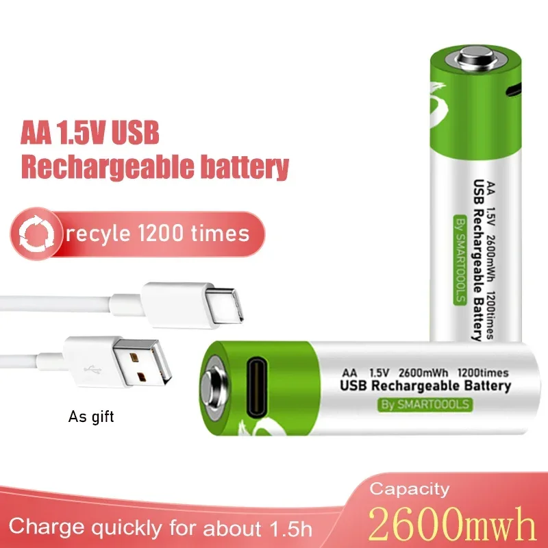 

New Original AA 1.5V 2600 mWh USB rechargeable li-ion battery for remote control mouse small fan Electric toy battery + Cable