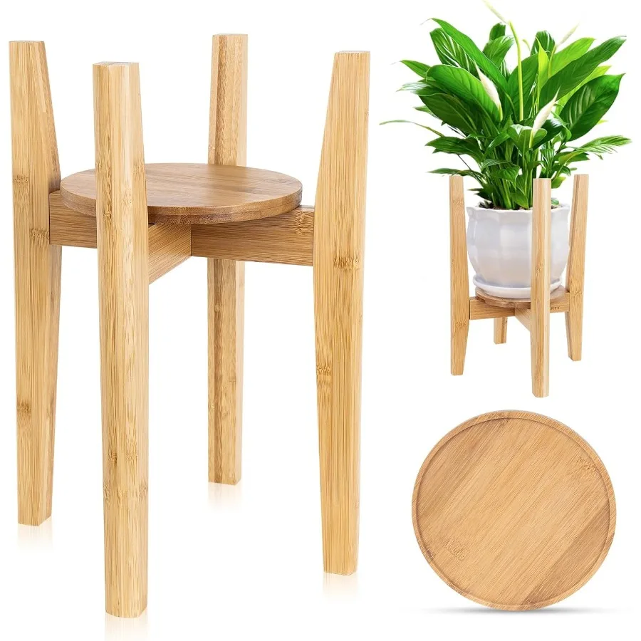 

Adjustable Plant Stand with TrayIndoor Wood Plant Stand Fit 8'' to 12'' Planter Mid Century Modern Flower Pot Holder Rack Plant