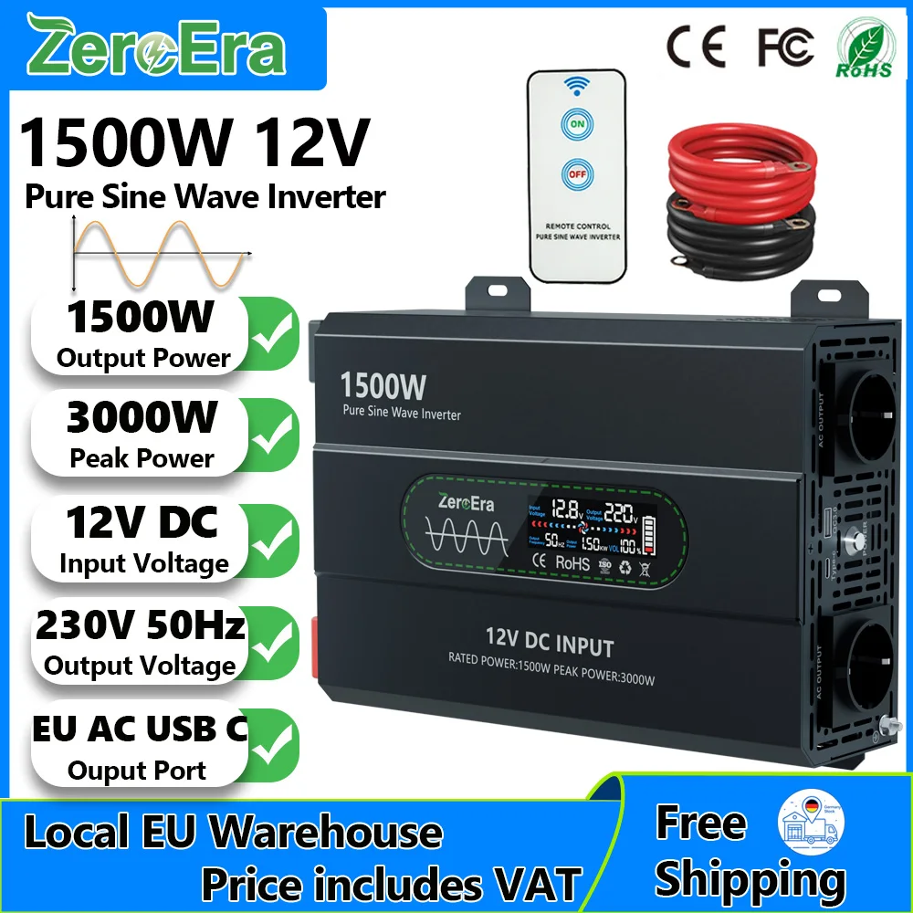 ZeroEra Reiner Sinus-Wechselrichter 1500W 12V DC zu AC 230V 50Hz für LKW, Wohnmobil, Camper, netzunabhängige Nutzung mit Fernbedienung, USB-C-Anschluss, EU-AC-Steckdose, LCD-Display, EU-Lager