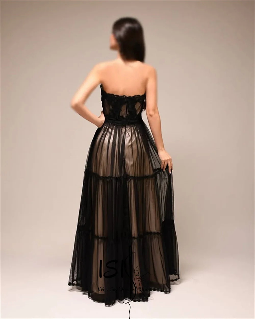 Vestidos de noche largos sin tirantes negros de lujo ISI para mujer, vestido formal de fiesta hasta el suelo con pliegues en línea A, Vestidos de Fiesta personalizados
