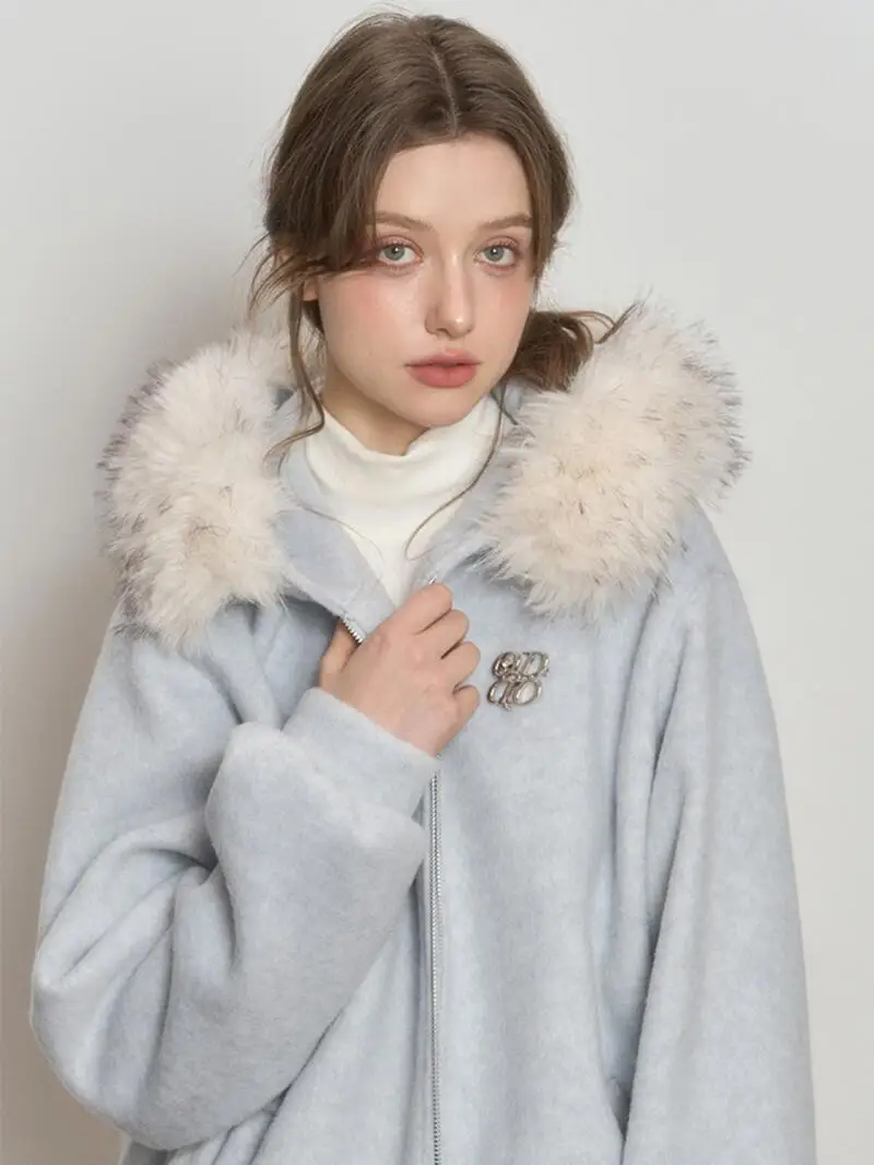 

Women's Winter Coat Outerwear Korean Style Hooded Fur Collar Wool Coat Women Spring Zipper Hoodie Cardigan Elegant Blue