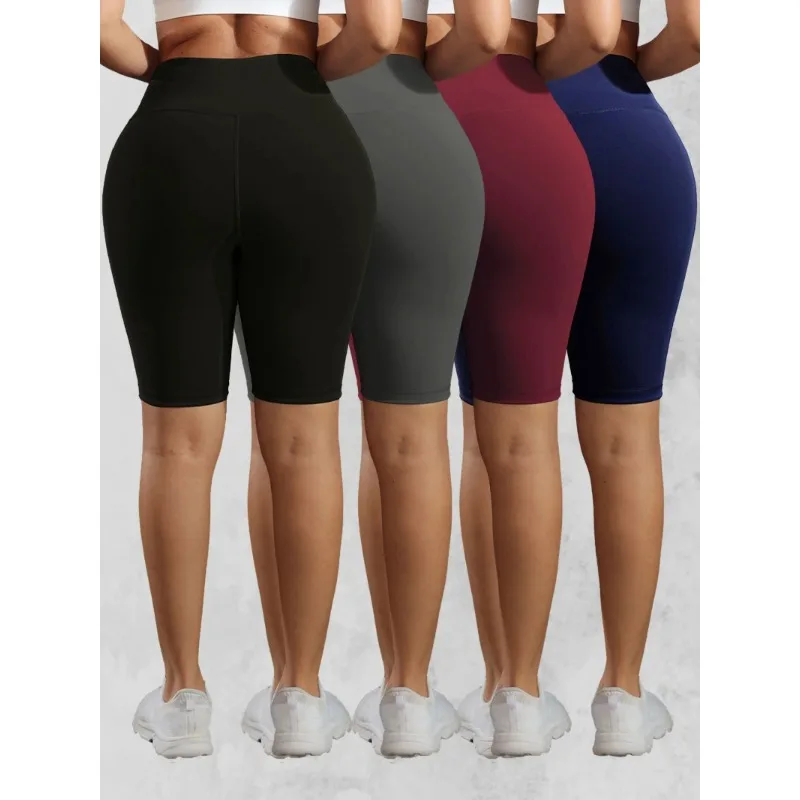 CHRLEISURE Women Solid Yoga Shorts with 3 Pockets High Waist Butt Lifting Workout Tights Gym Elastic Cycling Shorts Activewear