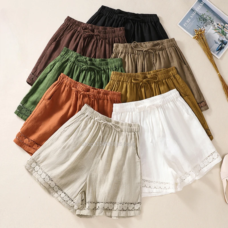 Casual Solid Linen Cotton Lace Floral Summer Short Pants Loose Elastic Waist Boho Beach Wear Shorts for Women Bottom
