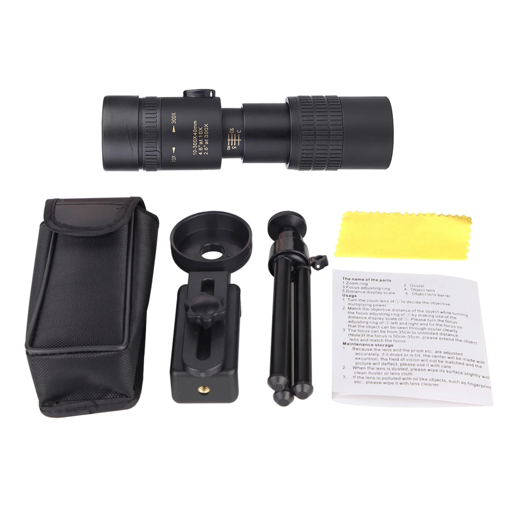 10-300X40mm BAK4 Prism Monocular Telescope Spotting Scope With Holder and Tripod for Adults Bird Watching Camping Hiking