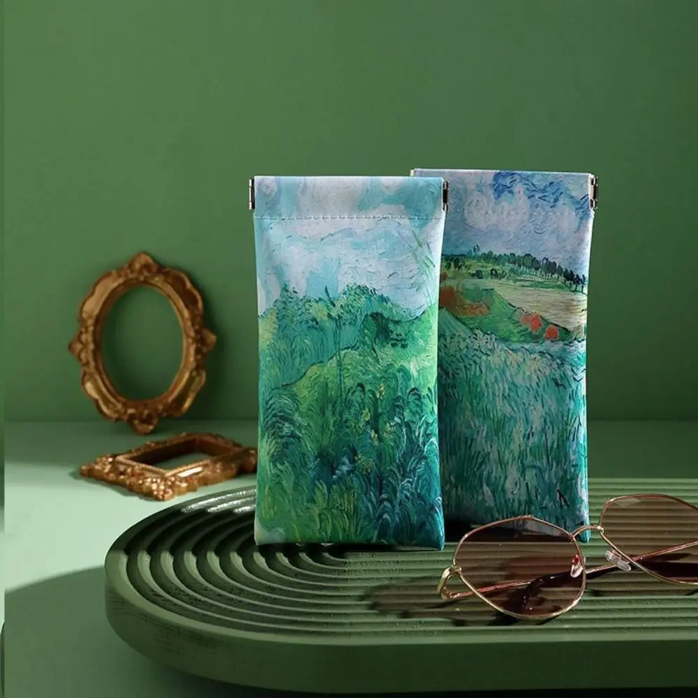 Portable Glasses Bag PU Leather Oil Painting Sunglasses Box Automatic Closing Storage Bag Floral Print Glasses Protective Cover