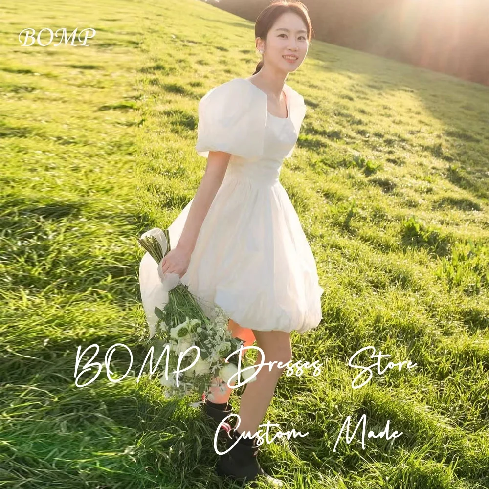 

BOMP Простое свадебное платье с пышными рукавами и трапецией из органзы цвета слоновой кости, короткое корейское свадебное платье для фотосессии по индивидуальному заказу