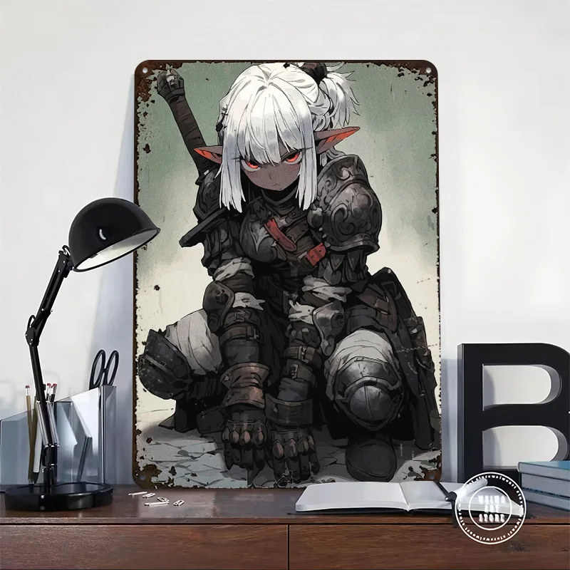 Anime Elf Warrior in Armor Tinplate Poster Customized Wall Art Vintage Metal Signs Retro Tin Plaque for Home Decorations House
