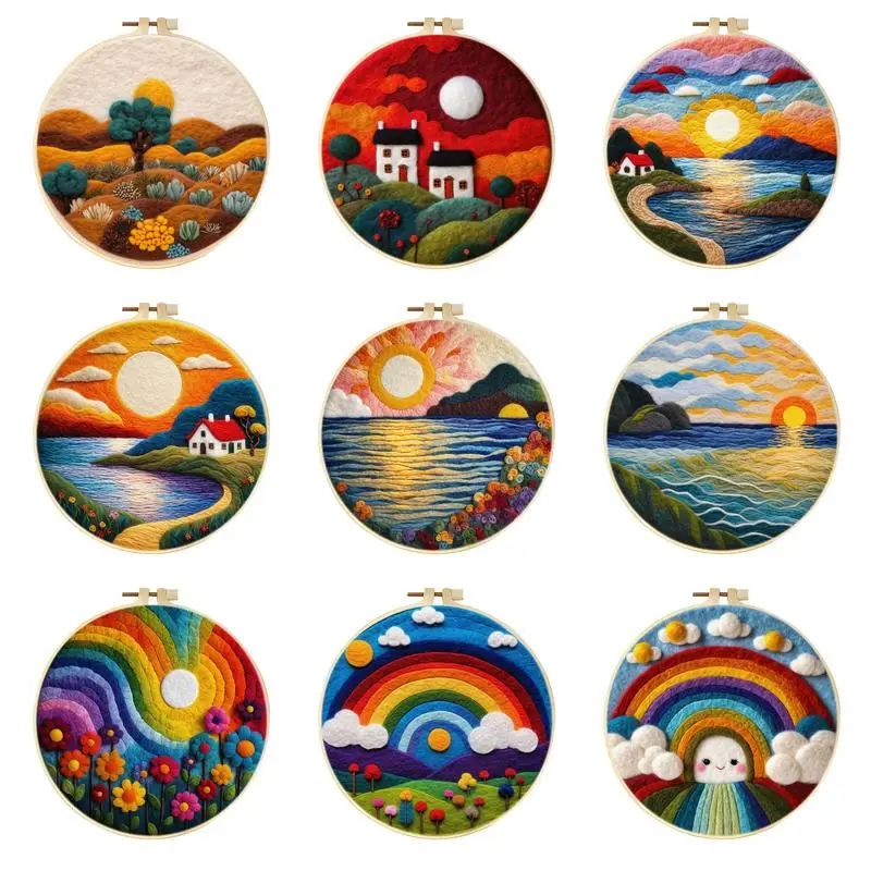 CHENISTORY Wool Felting Painting Kit With Frame Sunset Lake Rainbow Diy Felt Package For Mom Friend Gift Home Decoration