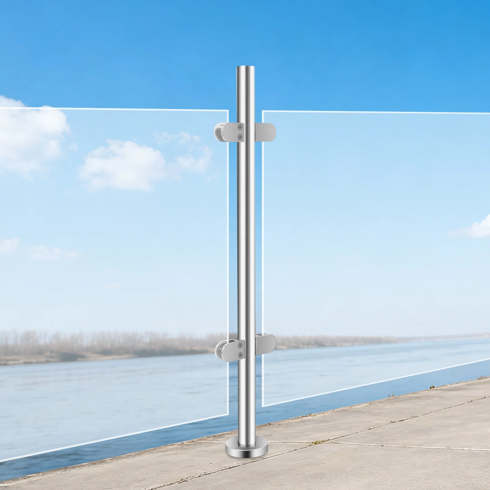 90cm Stainless Steel Railing Post, 304 Grade Baluster Mid Post With Mounting Base, For Staircase Deck Balcony Railing System