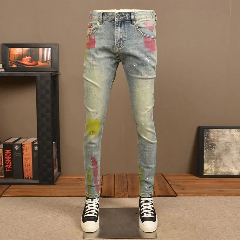 Street Fashion Men Jeans Retro Washed Blue Stretch Skinny Fit Ripped Jeans Men Painted Designer Hip Hop Denim Pencil Pants