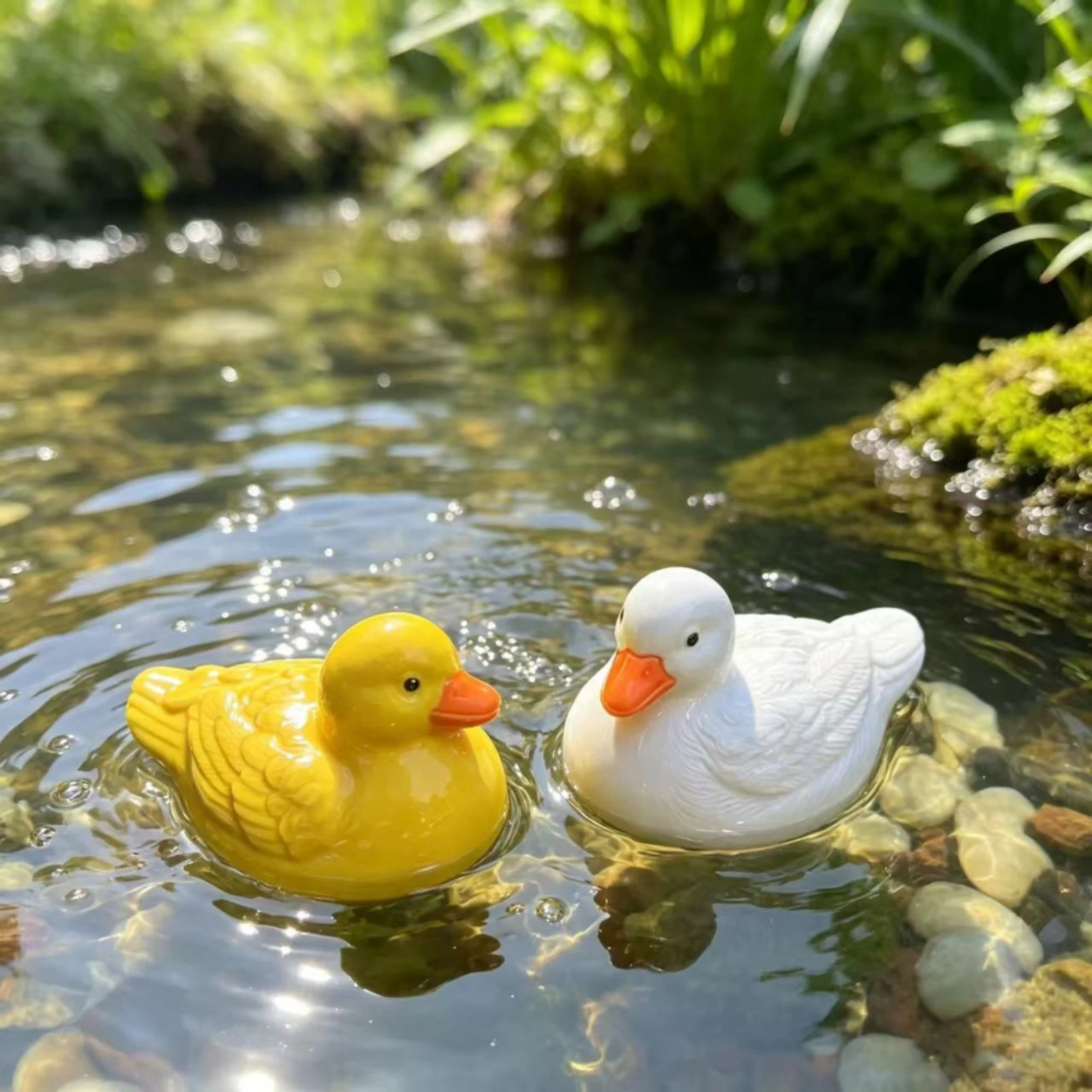 アヒルの形をした装飾品。防水仕様で水に浮くため、庭や水辺の景観に最適。可愛らしく、遊び心のあるデザイン。