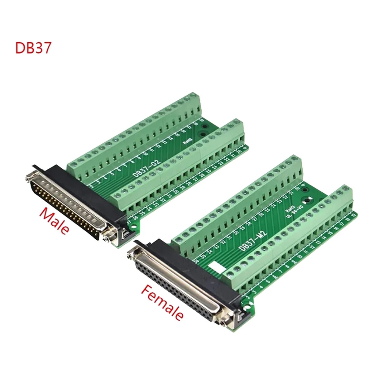 2Pcs DB37 Male Female Breakout Board Connector, RS232 D-SUB Serial 37 Pin Port Terminal Solderfree Adapter